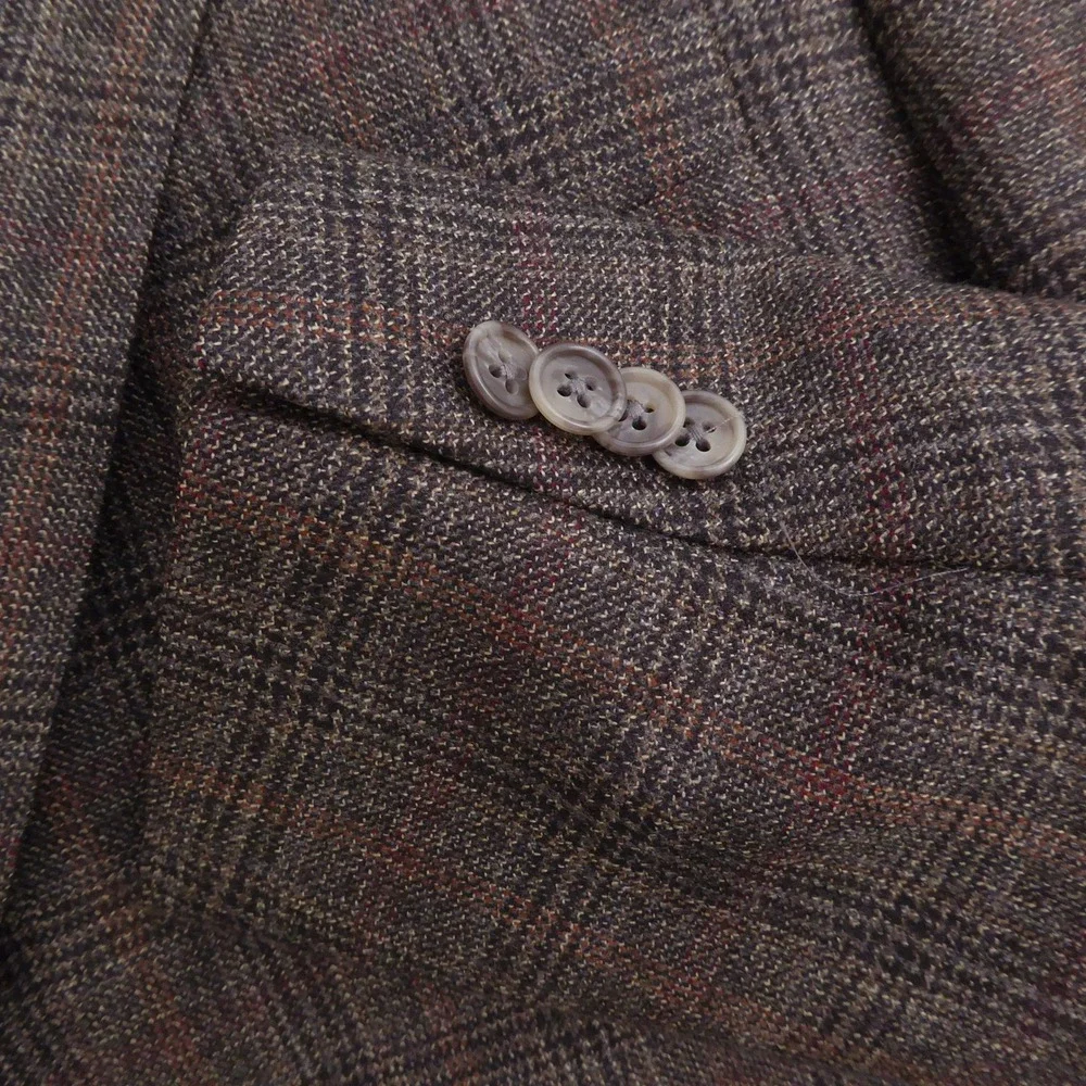 Hart Schaffner Marx Mens Blazer Brown Plaid Wool Two Button Half Lined 48L Long
